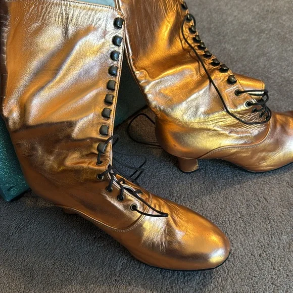 Gold Lace-Up Women's Boots - Picture 2 of 3